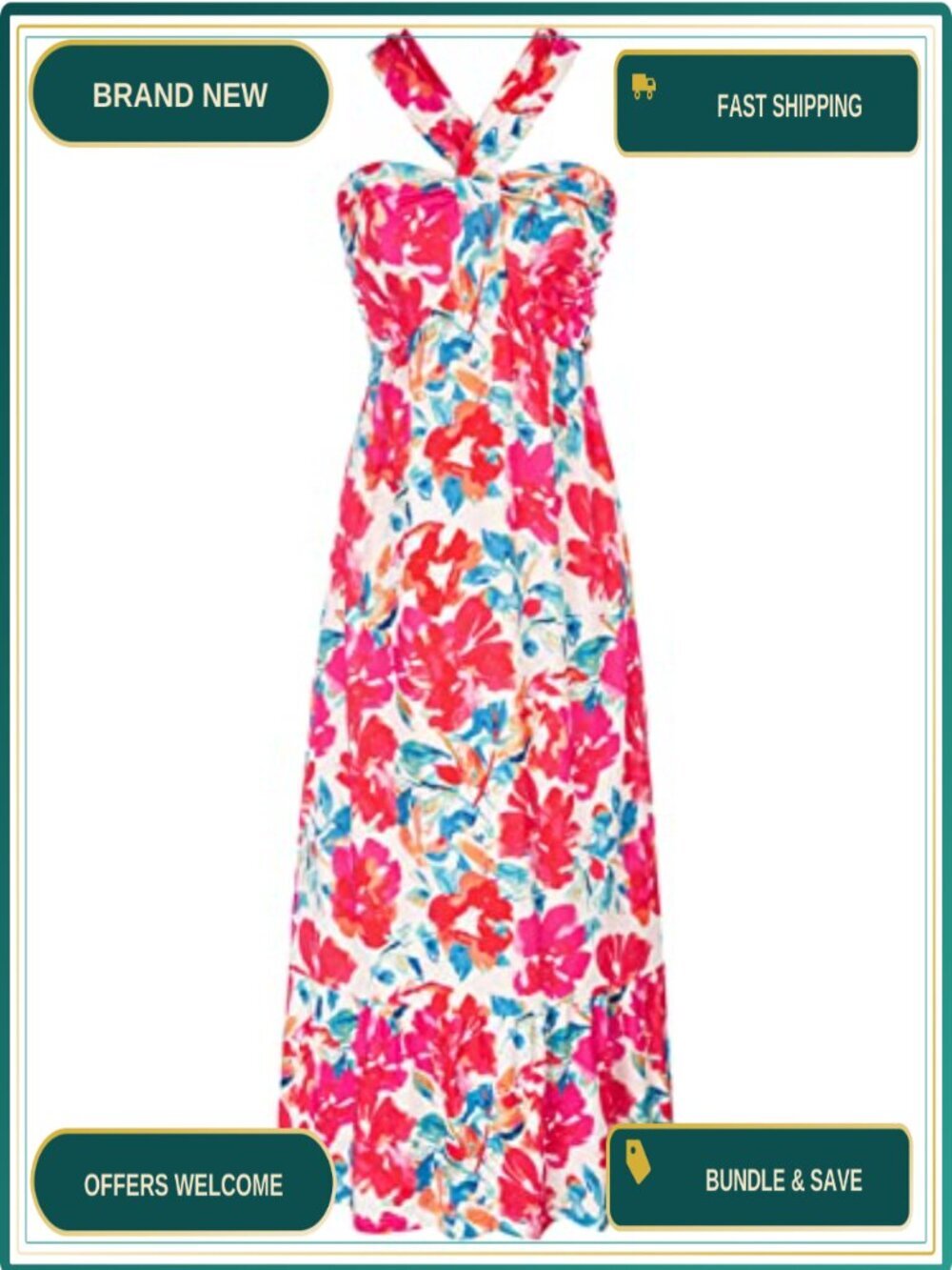 Women's Floral Halter Maxi Dress Boho Sleeveless Ruffle High Waist with Pockets